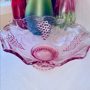 Large vintage cranberry salad bowl / serving bowl , grape and leaves pattern